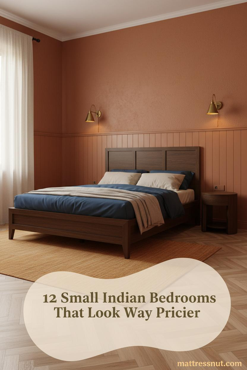 Small Indian bedroom with rust-ochre plaster walls, teak wainscoting, cream and indigo bedding, saffron dhurrie rug, and warm brass sconces