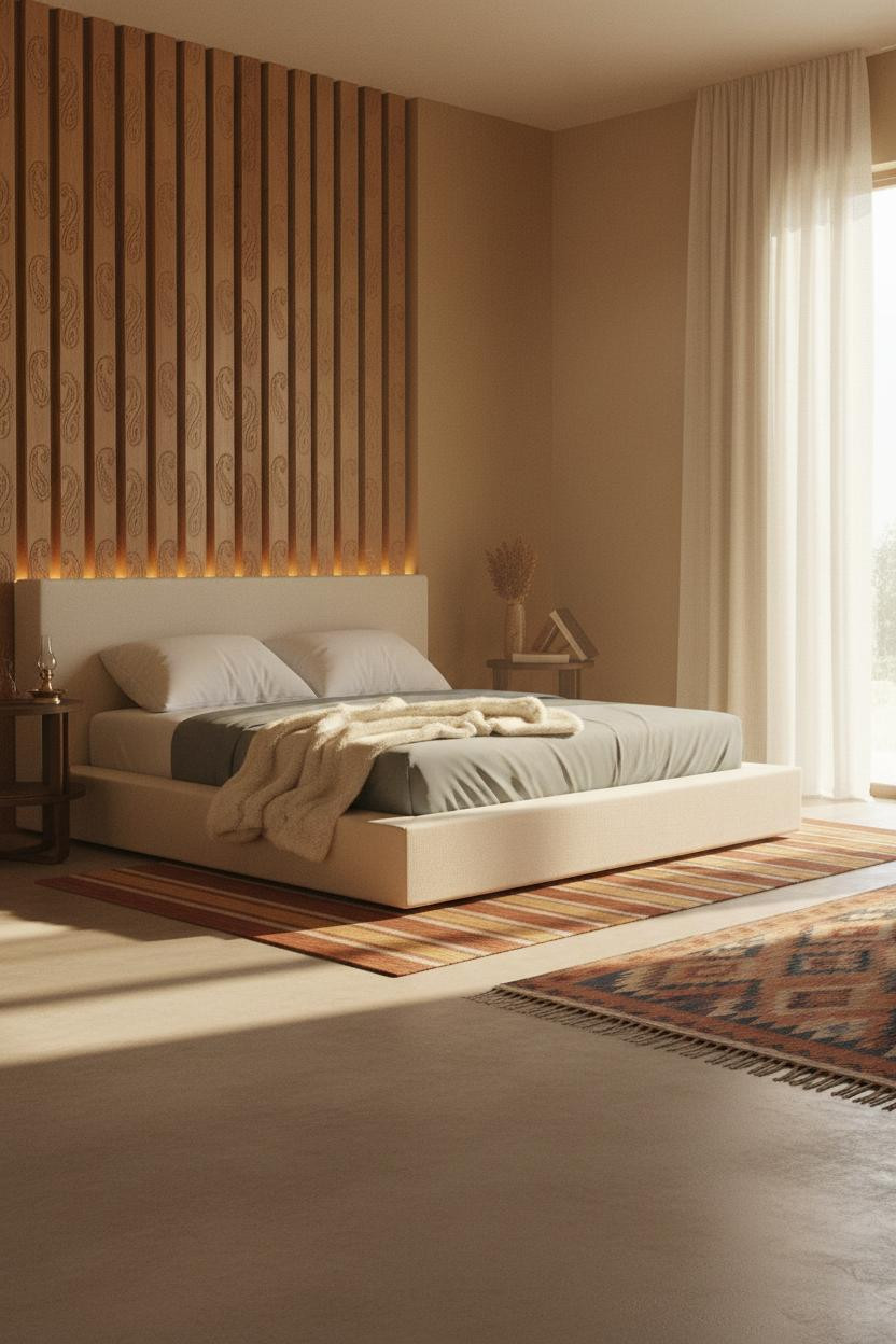 Small Indian Bedroom Teak Screen Geometric Rug