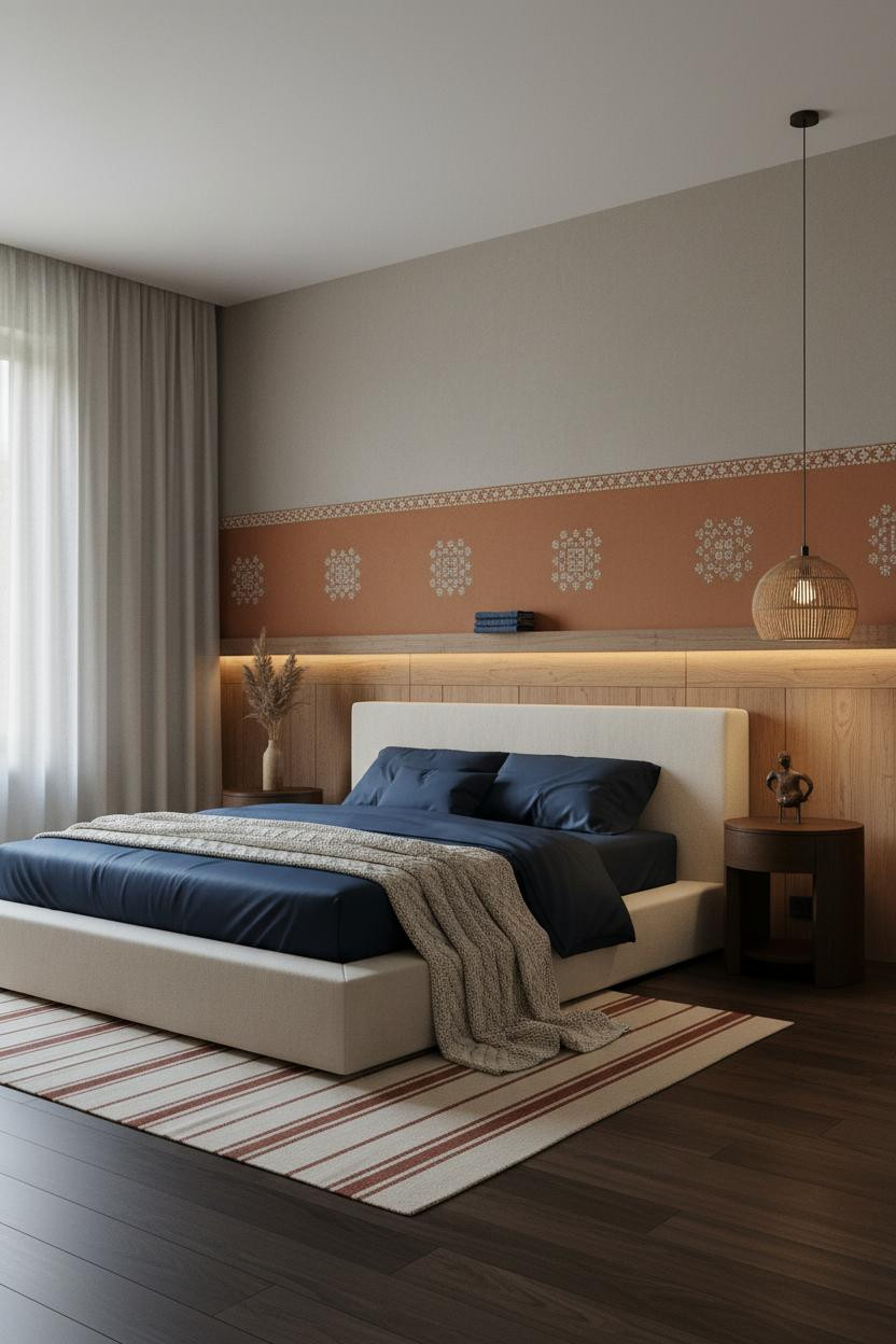 Small Indian Bedroom Teak Wainscoting Block Print