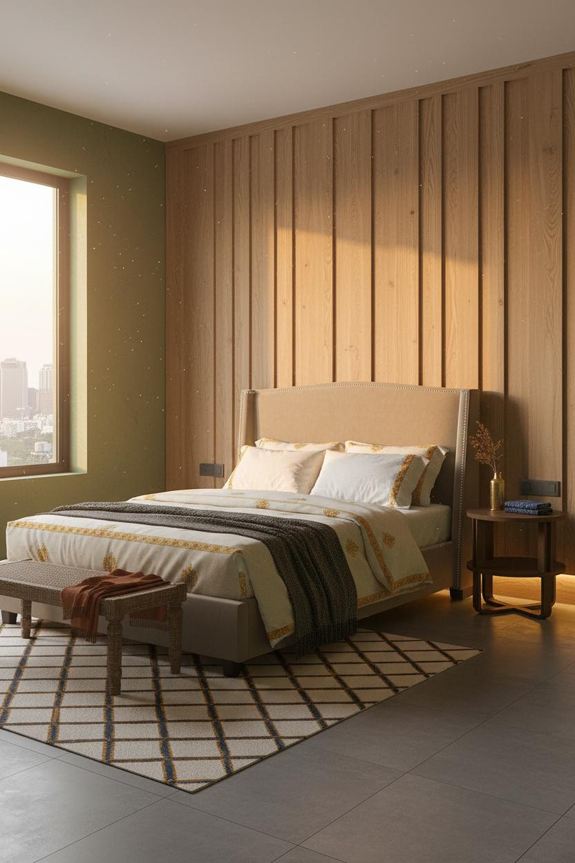 Small Indian Bedroom Wood Paneling Green Walls