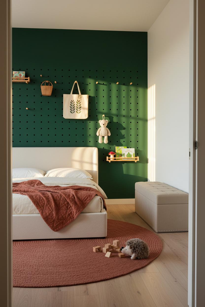 Small Kids Room Forest Green Pegboard Bedroom