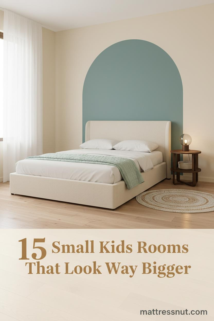 Compact kids bedroom with butter cream walls, painted teal arch, low pine bed, pale mint bedding, oak floors and woven cotton rug