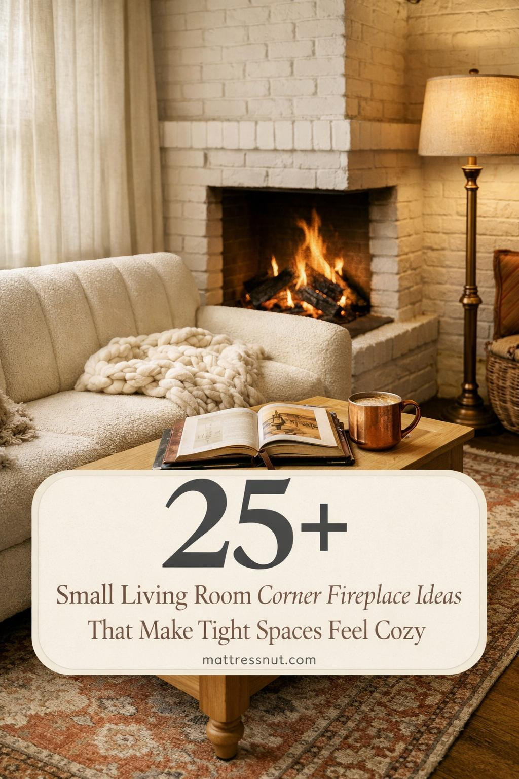 Compact living room featuring a built-in corner fireplace with neutral sofa, textured throw pillows, and warm lighting creating an inviting atmosphere