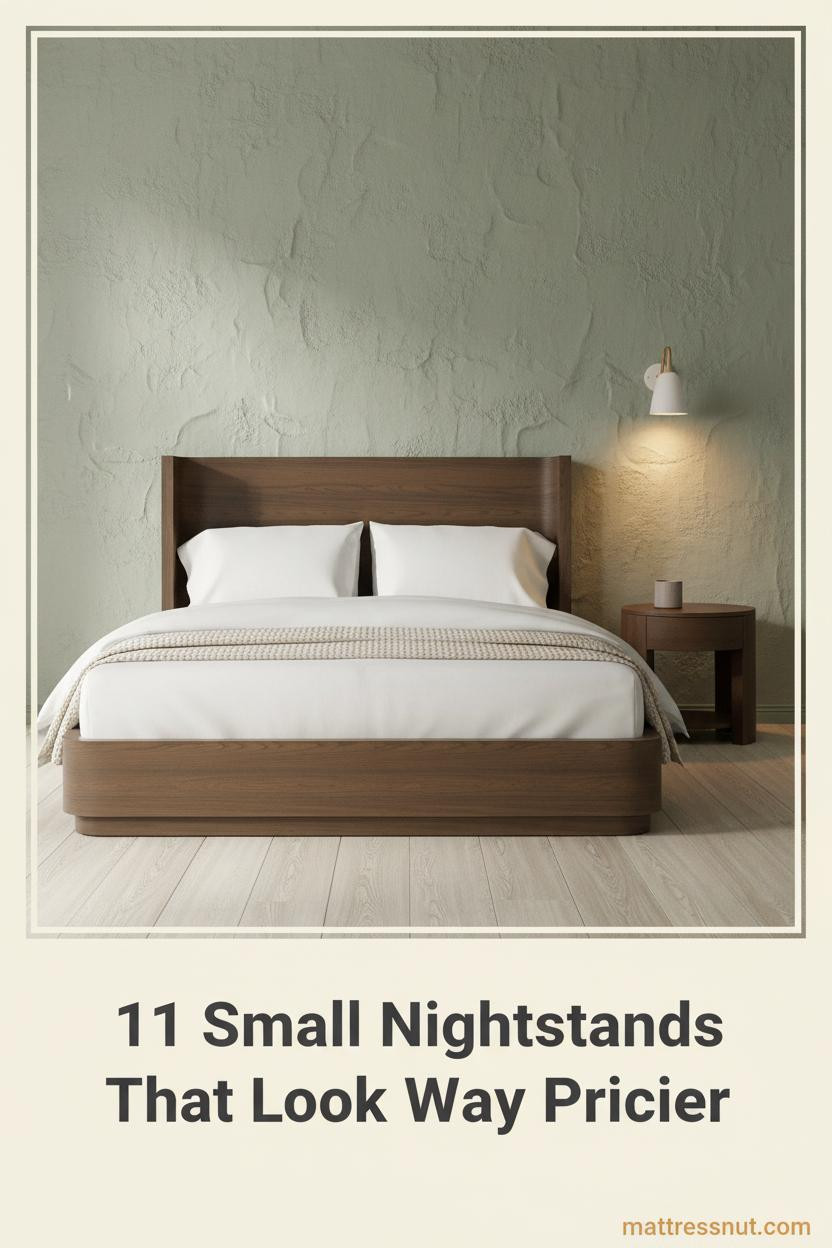 Sage plaster accent wall bedroom with a slim walnut nightstand, white linen bedding, ceramic vessel, and warm sconce downlight