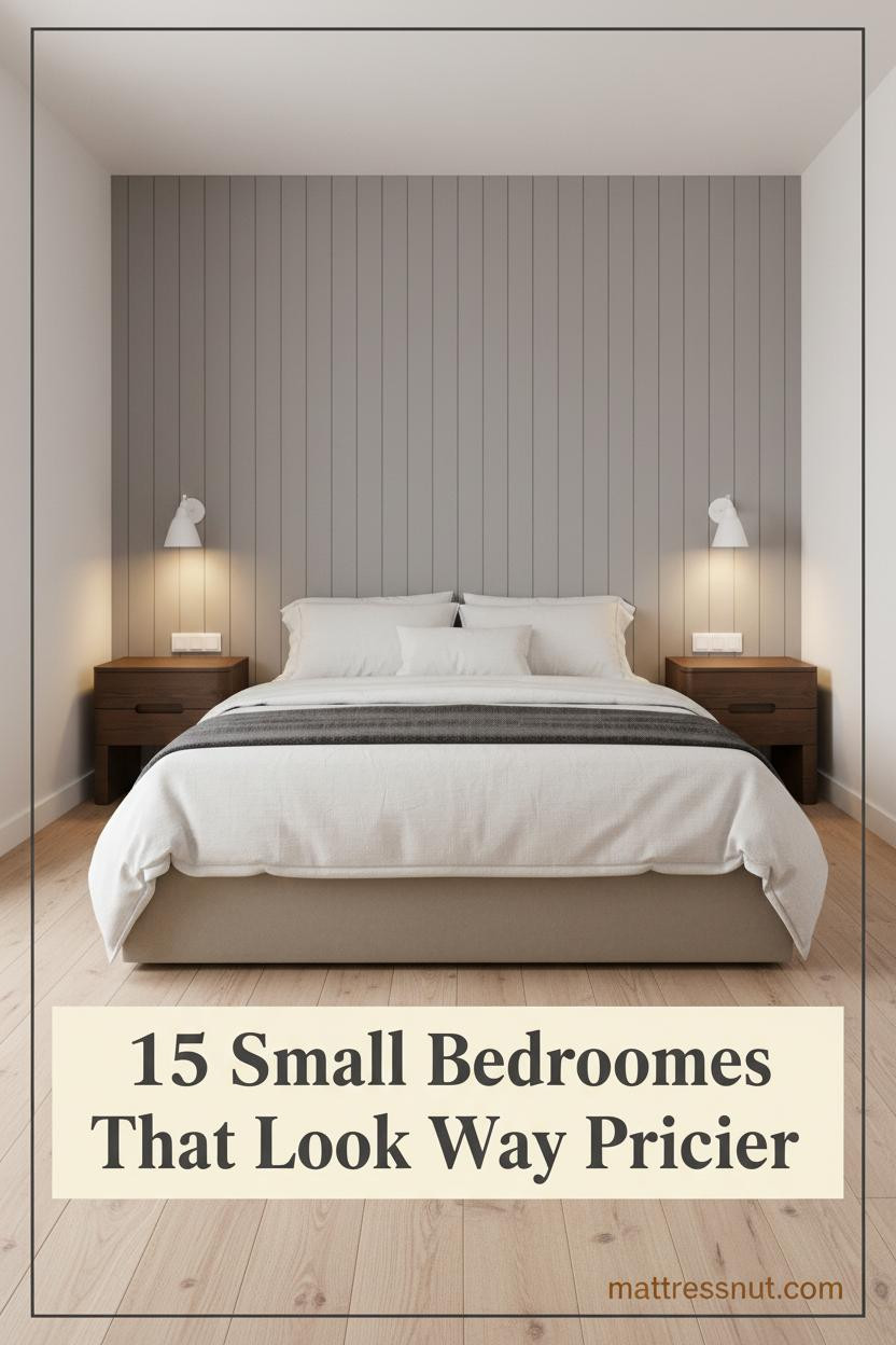 Compact bedroom with dove grey batten paneling, light oak flooring, layered white linen bedding, charcoal wool throw, and paired ceramic sconces