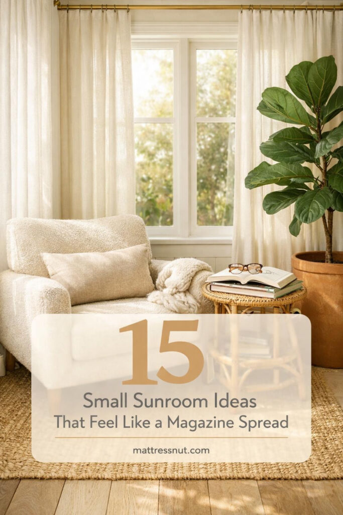 Bright sunroom with white wicker furniture, hanging plants, large windows, natural wood floors, and cozy textiles