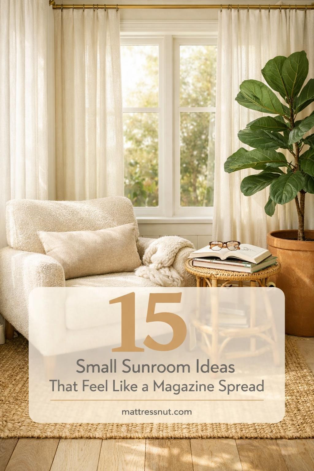 Bright sunroom with white wicker furniture, hanging plants, large windows, natural wood floors, and cozy textiles