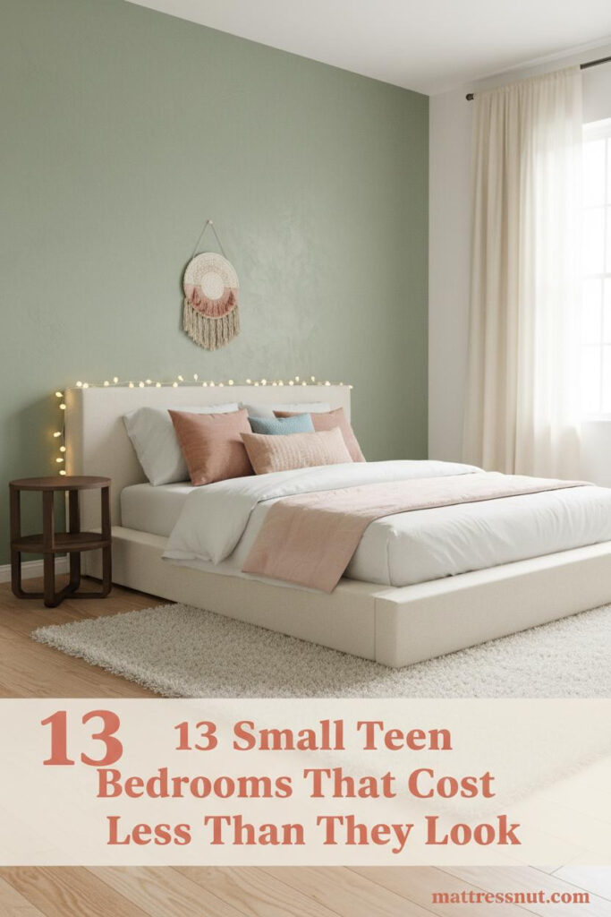 Sage limewash accent wall with fairy lights, white bedding, colorful pillows, cream wool rug, and birch floors in a cozy small teen bedroom