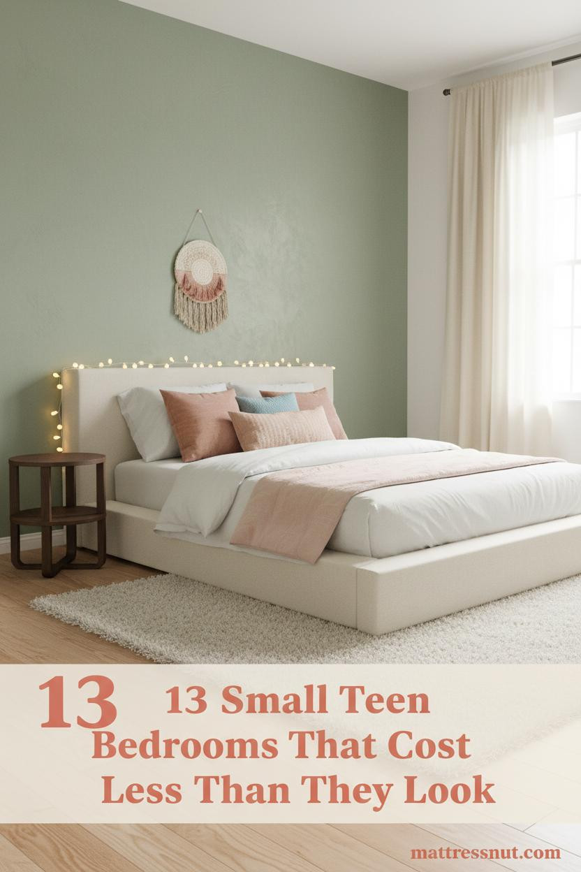 Sage limewash accent wall with fairy lights, white bedding, colorful pillows, cream wool rug, and birch floors in a cozy small teen bedroom