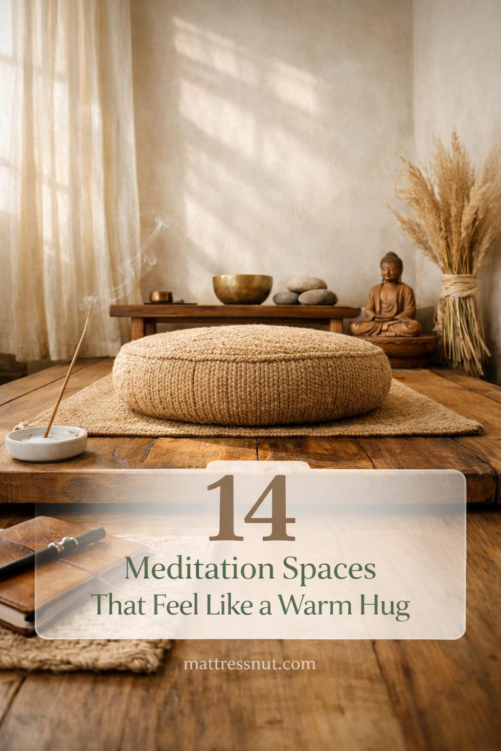 Serene meditation corner featuring cushions, candles, plants, wooden elements, and soft natural light in neutral tones