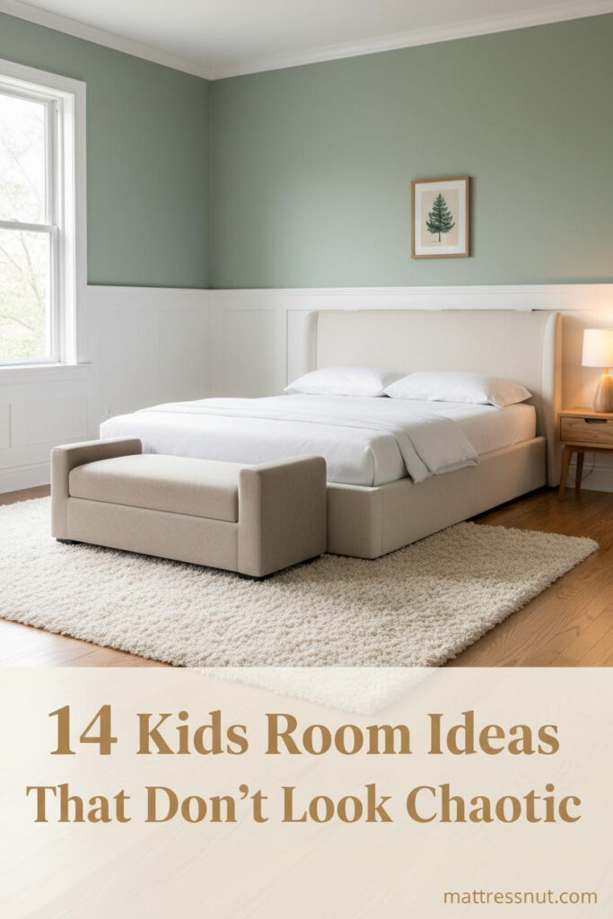 Sage green and white kids bedroom with warm oak flooring, cream wool rug, wood-frame bed, white bedding, and soft natural daylight