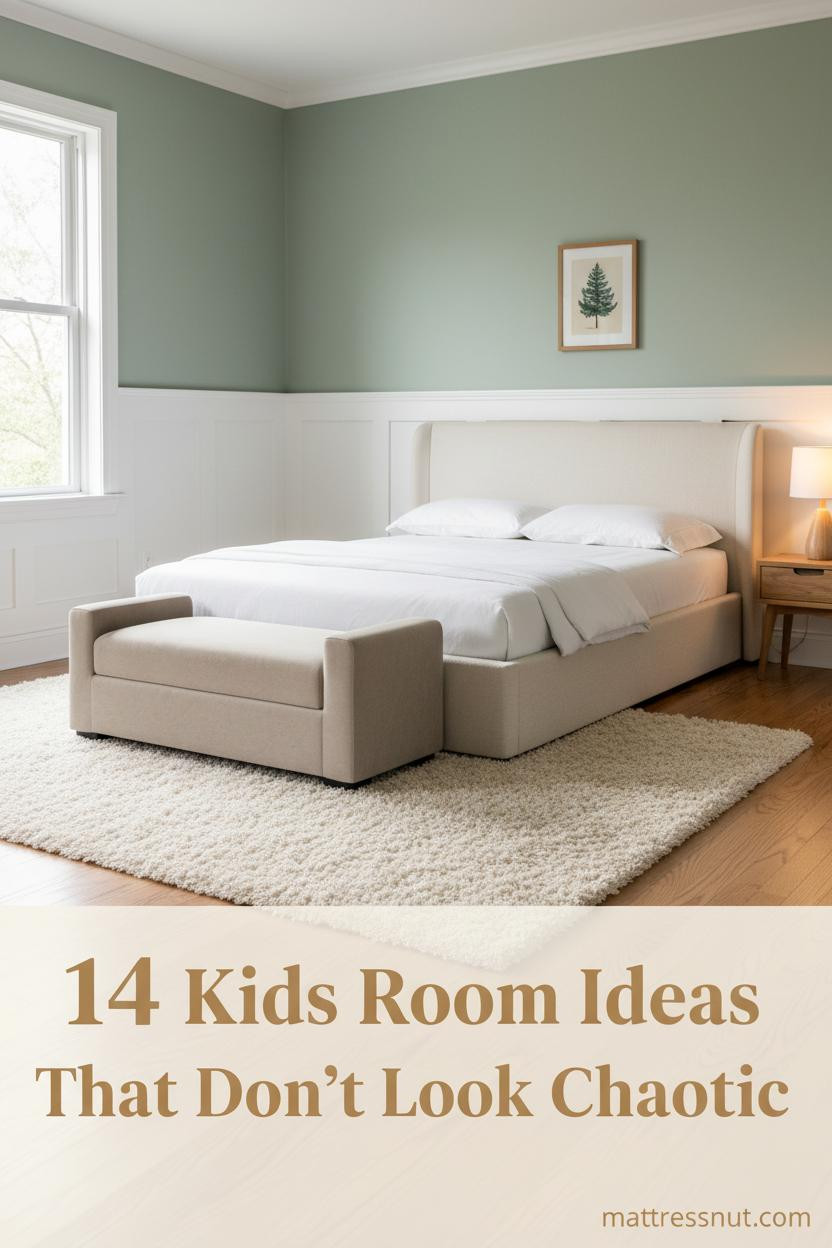 Sage green and white kids bedroom with warm oak flooring, cream wool rug, wood-frame bed, white bedding, and soft natural daylight