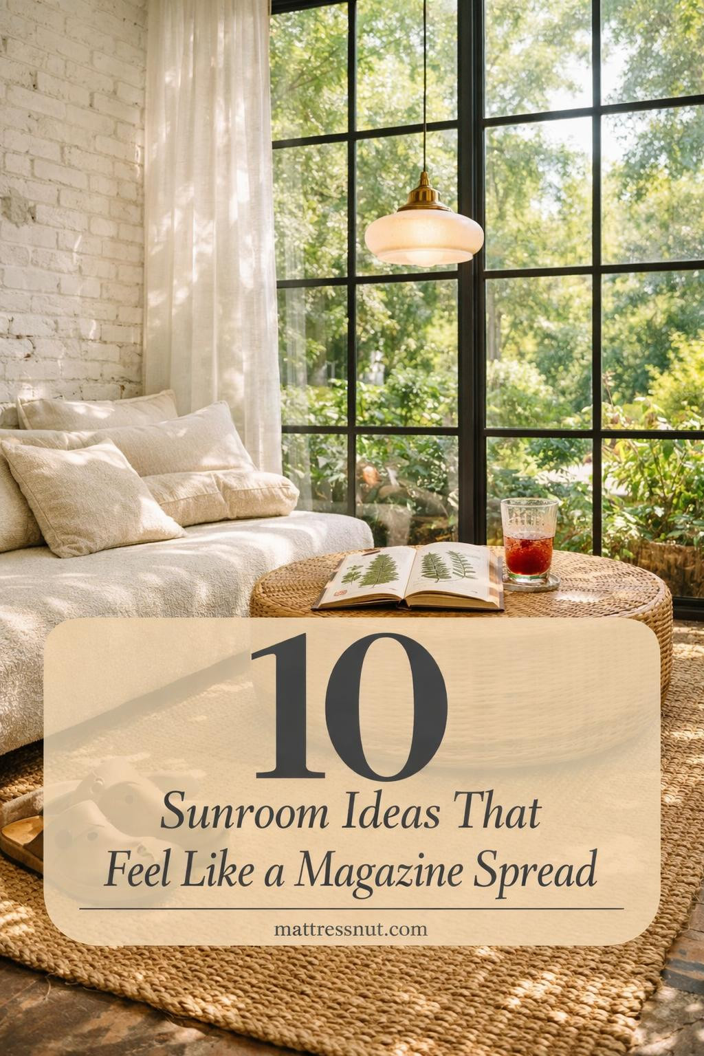 Bright sunroom featuring large windows, comfortable wicker seating, potted plants, and natural wood accents creating an inviting indoor-outdoor space