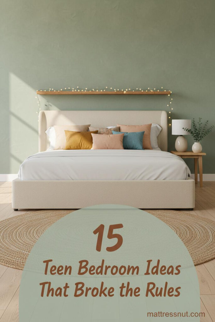 Sage green limewash accent wall with light pine bed, oak floating shelf, fairy lights, layered pillows, jute rug, cozy teen bedroom inspo