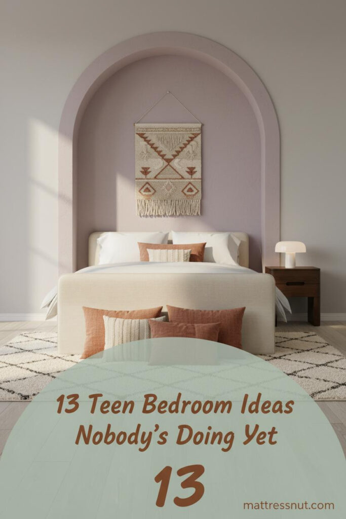 Teen bedroom with dusty lavender plaster arch, dove grey walls, light oak floors, terracotta linen pillows, cream rug, and woven wall hanging