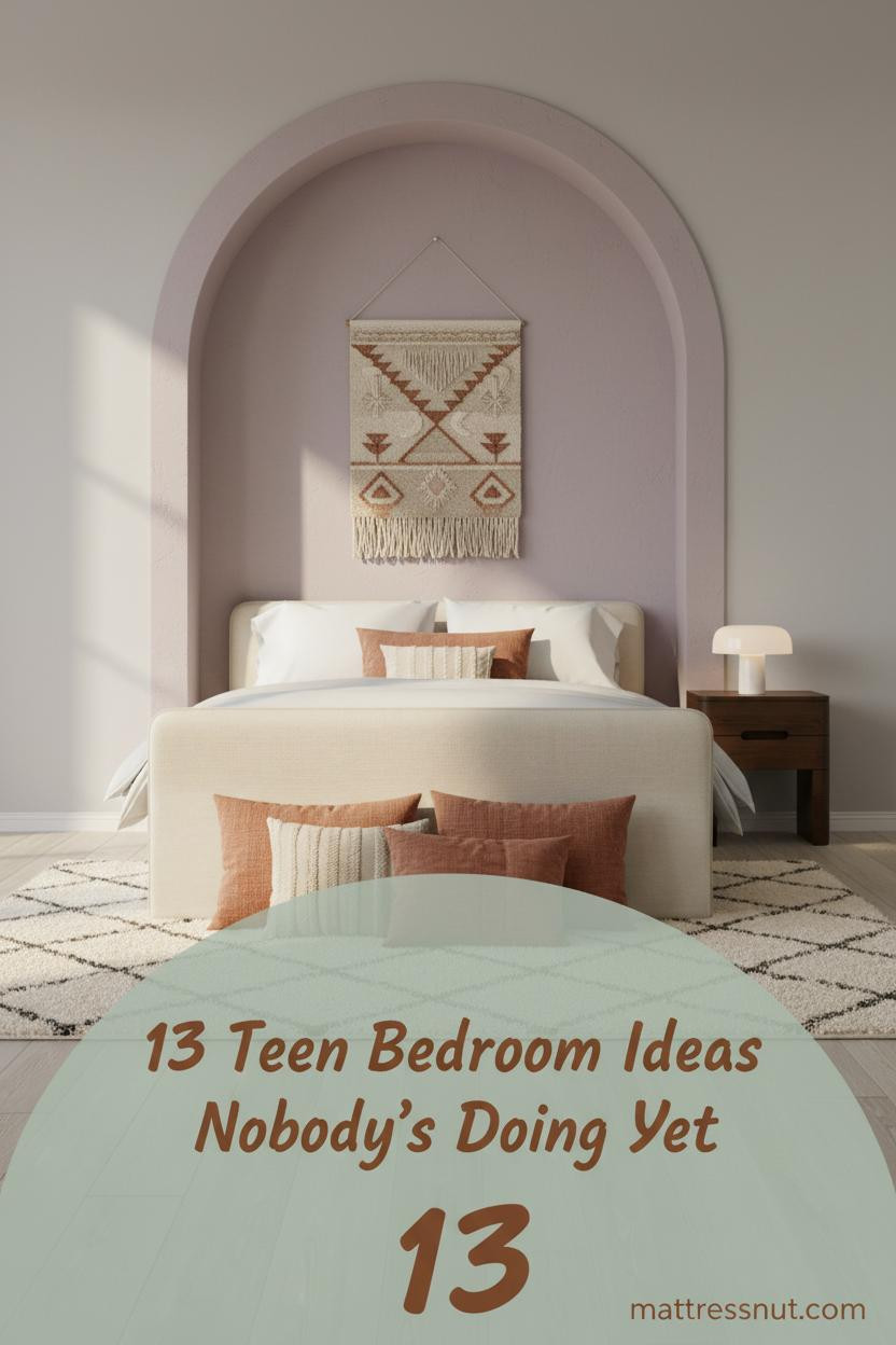 Teen bedroom with dusty lavender plaster arch, dove grey walls, light oak floors, terracotta linen pillows, cream rug, and woven wall hanging