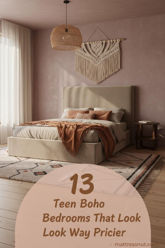 Teen boho bedroom with dusty mauve limewash accent wall, cream macrame, rust linen bedding, rattan pendant lamp, and layered Moroccan rug