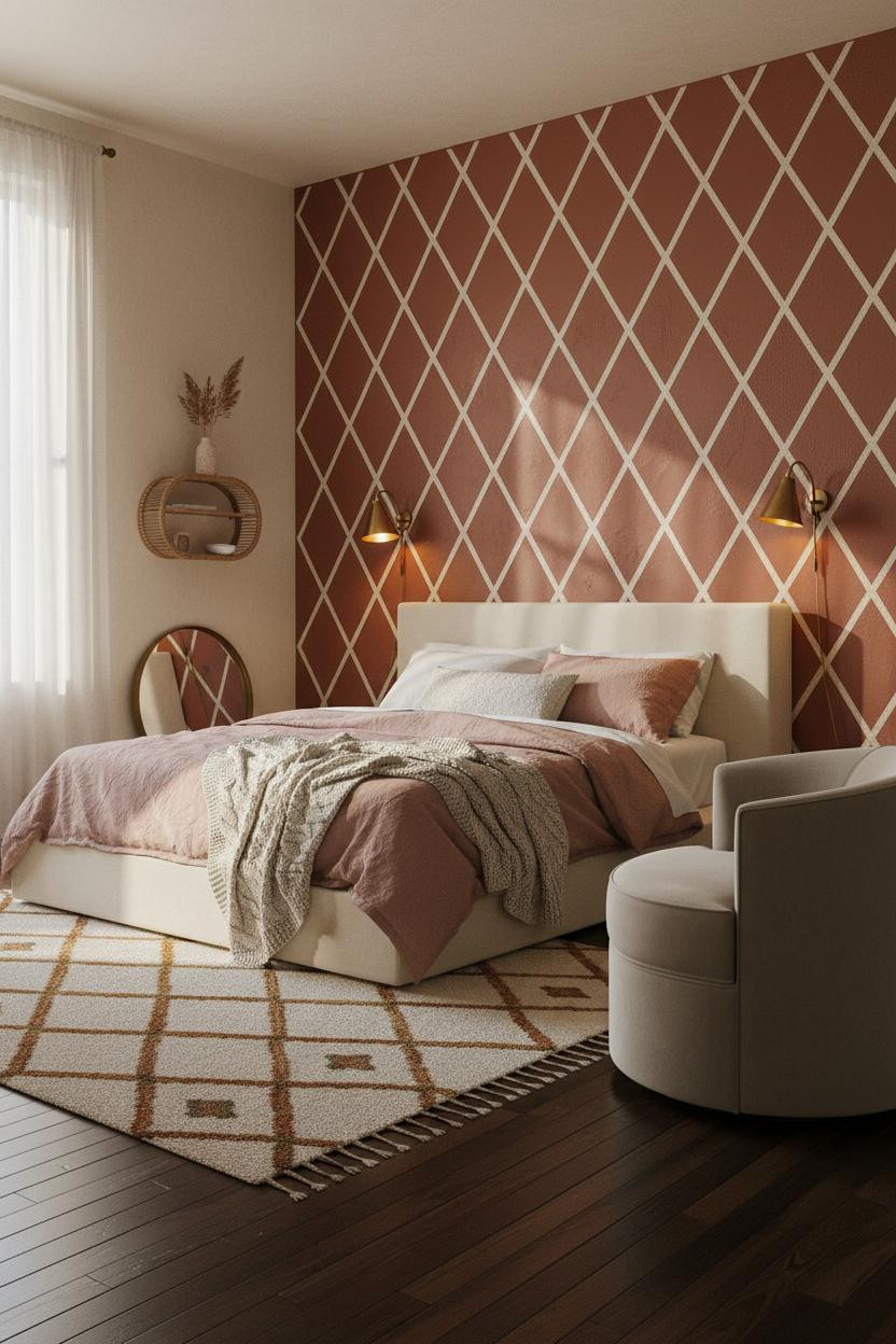 Teen Boho Bedroom Rust Accent Wall Geometric Trellis