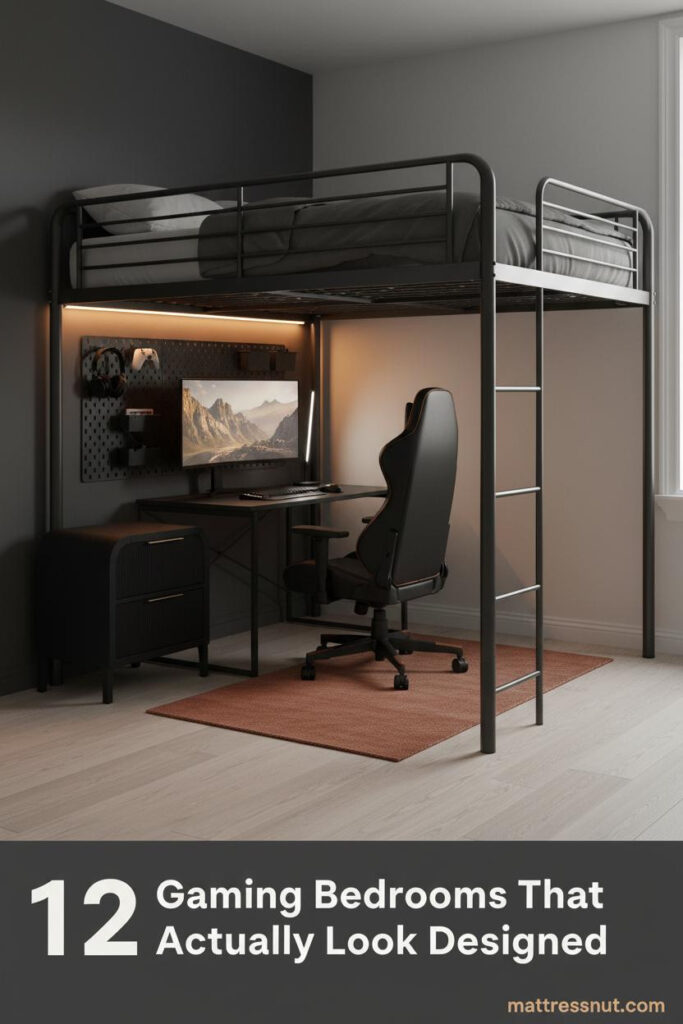 Compact teen gaming bedroom with charcoal accent wall, graphite loft bed, warm amber LED underlighting, rust runner, and black metal pegboard desk setup