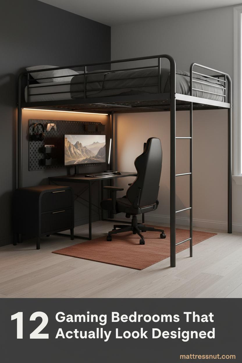 Compact teen gaming bedroom with charcoal accent wall, graphite loft bed, warm amber LED underlighting, rust runner, and black metal pegboard desk setup