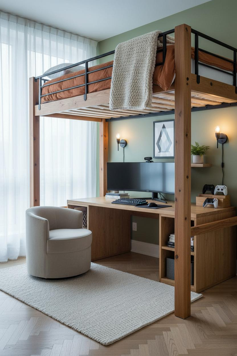 Teen Gaming Bedroom Loft Bed Desk Setup