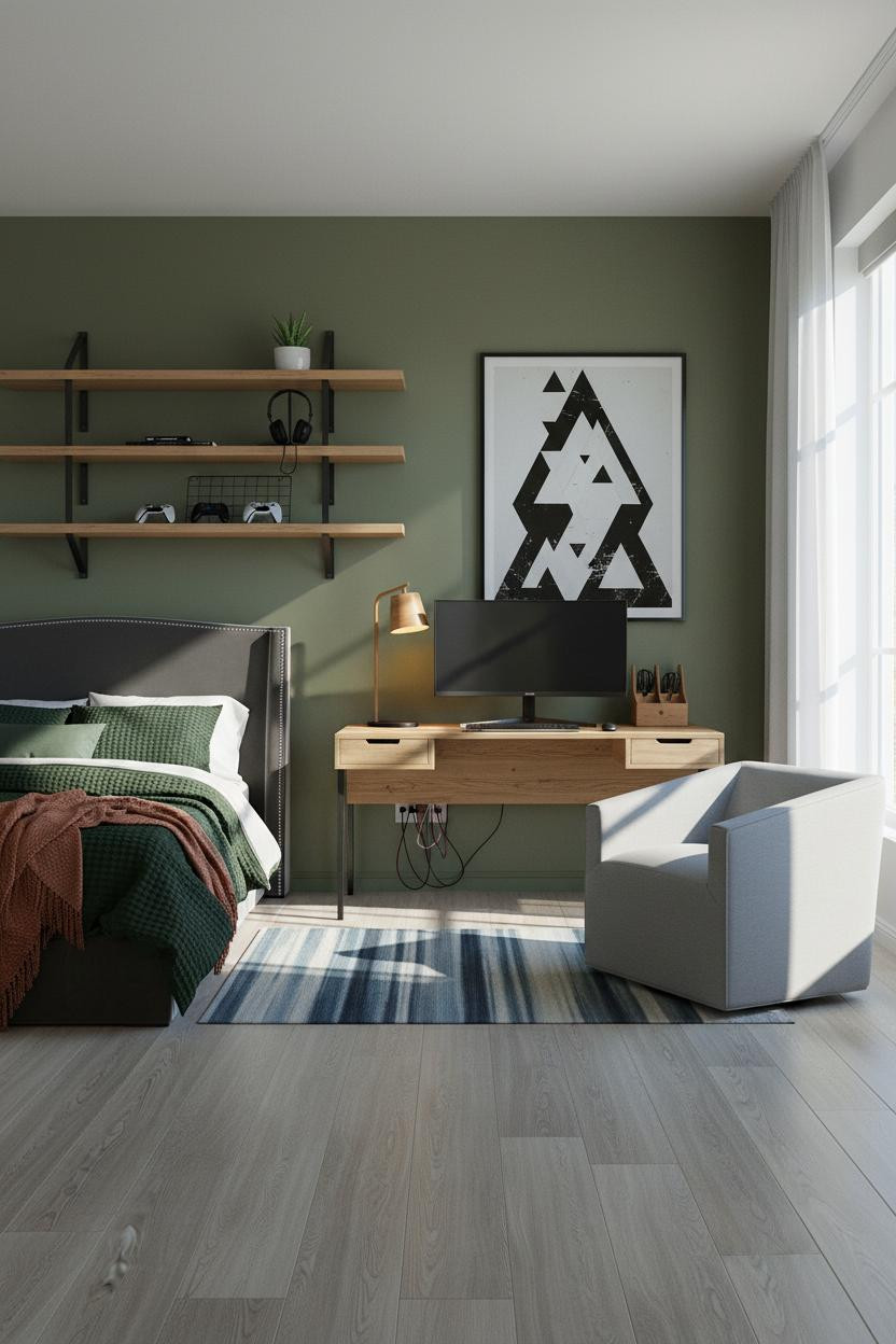 Teen Gaming Bedroom Loft Shelves Scandi