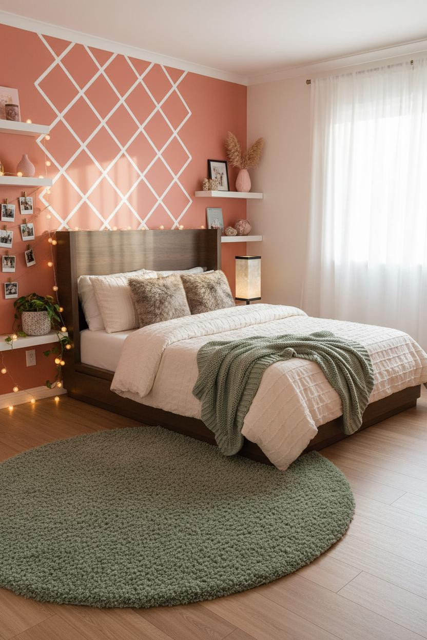 Overhead view of teen girl bedroom with neutral bedding, wooden bedside table with lamp, layered textiles, soft natural light from window, clean architectural details, and open shelving displaying curated decor.