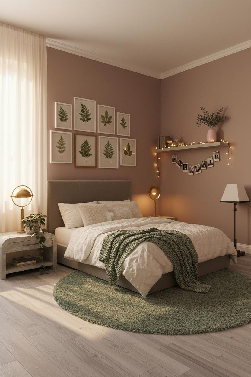Bright overhead view of teen girl bedroom with neutral bedding, soft layered textiles, wooden bedside table with lamp, open shelving, and natural light from window creating calm aesthetic room design.