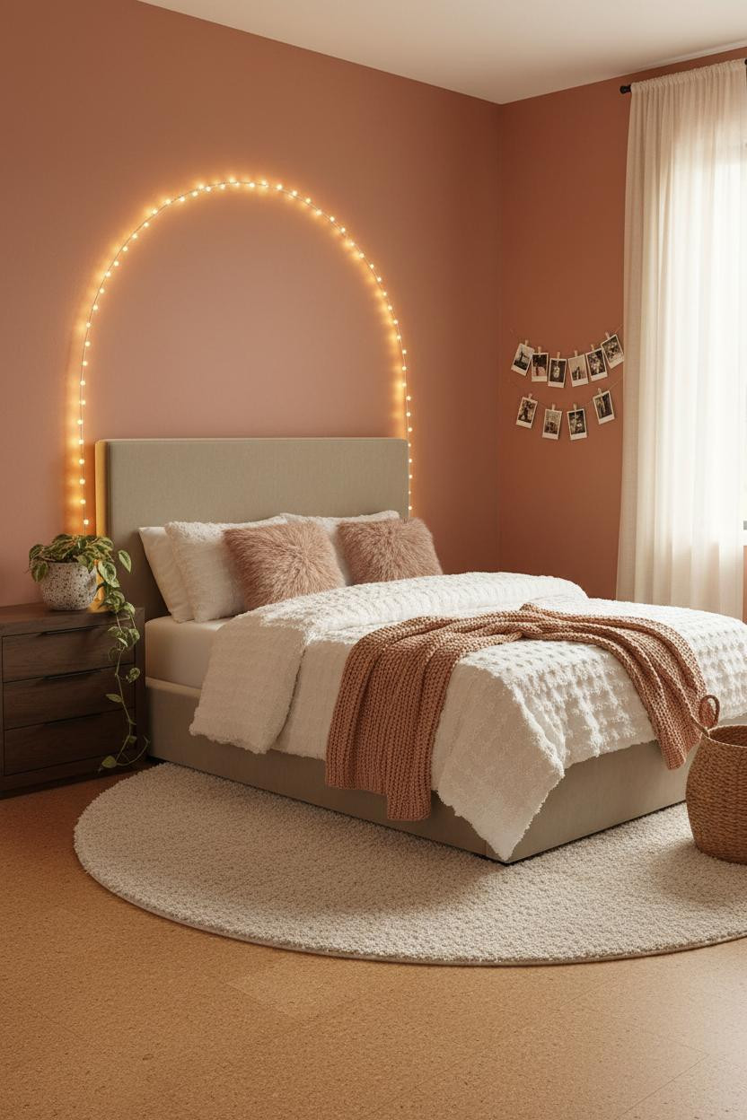 Overhead view of a teen girl bedroom with neutral bedding, wooden nightstand, layered textiles, soft natural light from window, clean architectural lines, and curated open shelving with natural materials throughout the space.