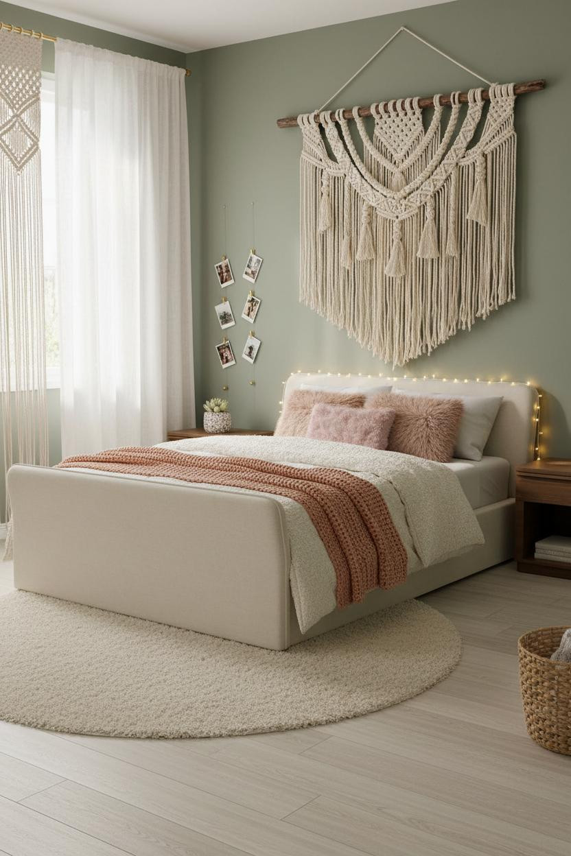 Overhead view of teen girl bedroom with neutral bedding, wooden nightstand, soft textiles, natural light from window, clean architectural lines, and layered textures in warm cream and beige tones.