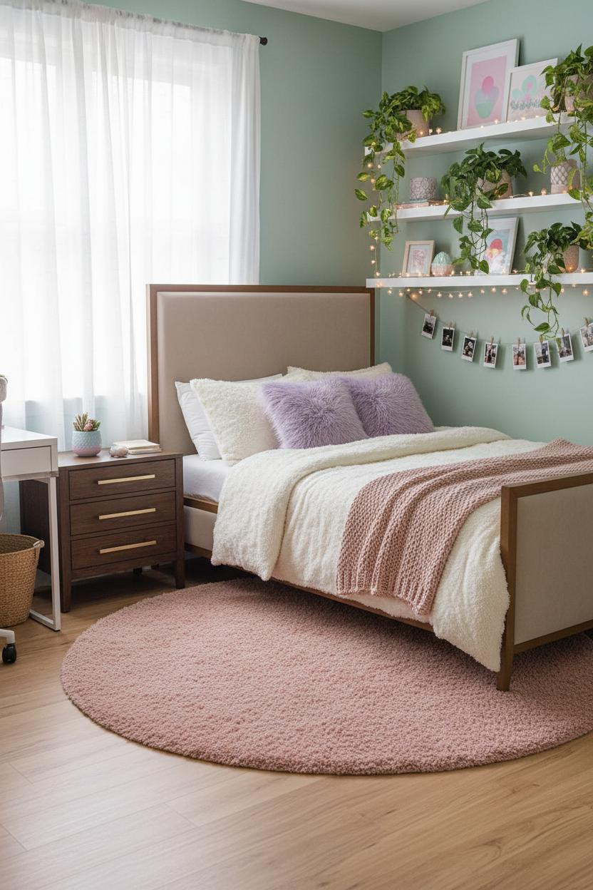 Bright, airy teen girl bedroom with neutral bedding, wooden nightstand, layered textures, soft natural light from window, clean architectural details, and cozy aesthetic styling throughout the space.
