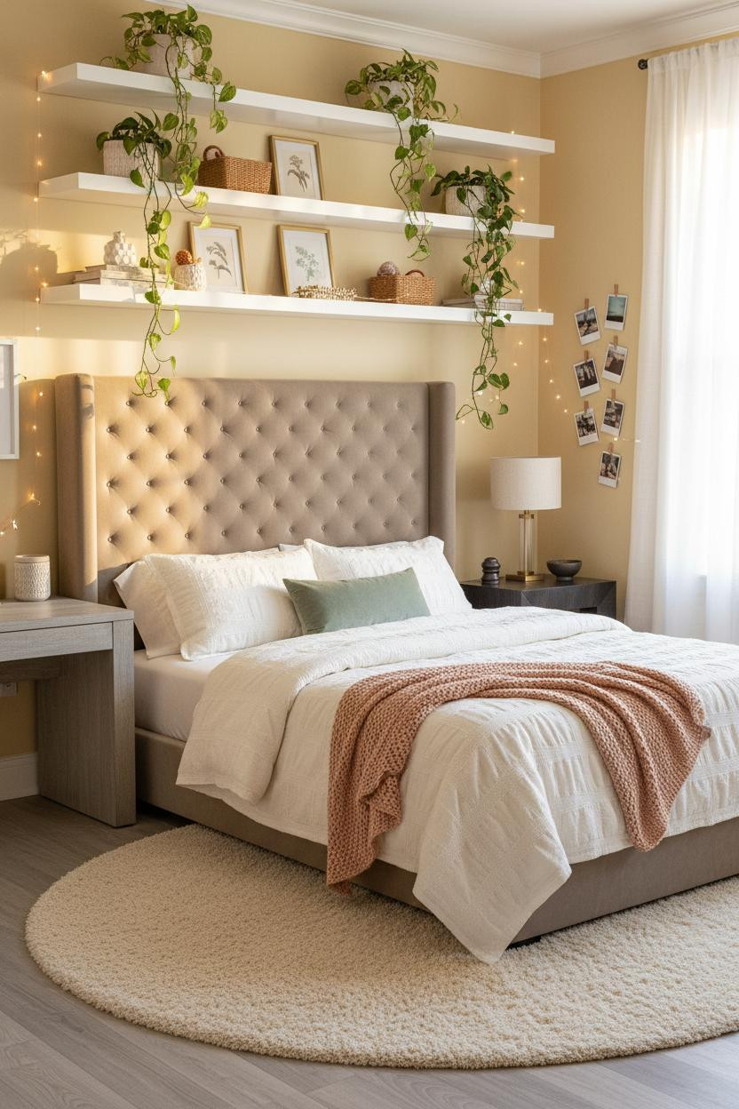 Overhead view of teen girl bedroom with neutral bedding, wooden nightstand, layered textures, soft natural light from window, clean architectural lines, and cozy aesthetic styling.