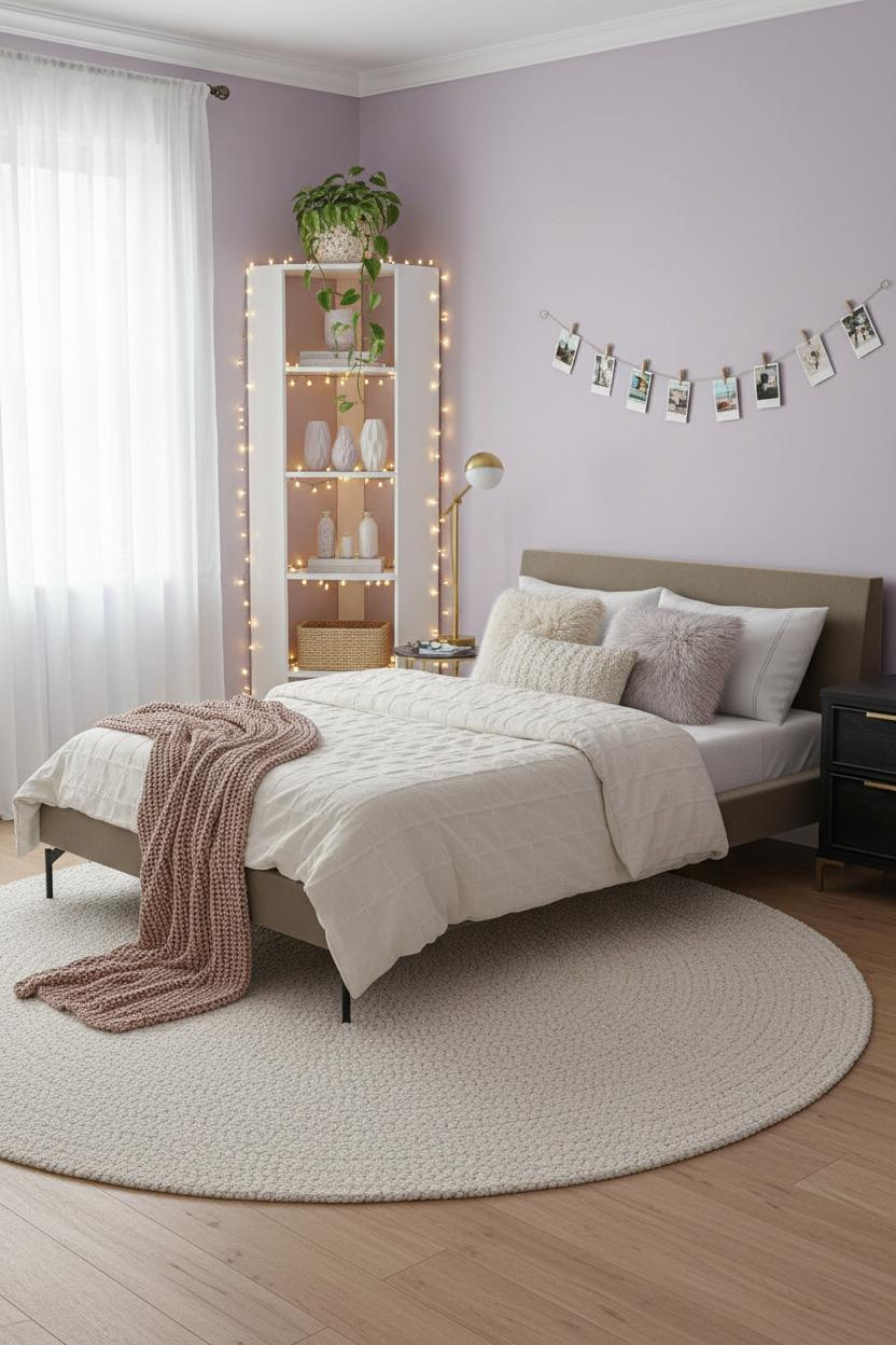 Bright, airy teen girl bedroom with neutral bedding, wooden nightstand, layered textures, soft natural lighting, clean lines, and minimalist aesthetic decor throughout the space.
