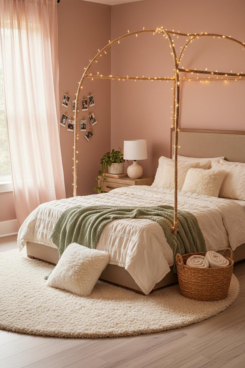 Bright teen girl bedroom with neutral color palette, wooden bed frame, soft layered textiles, bedside lamp, open shelving with natural materials, clean architectural lines, and natural daylight from window.