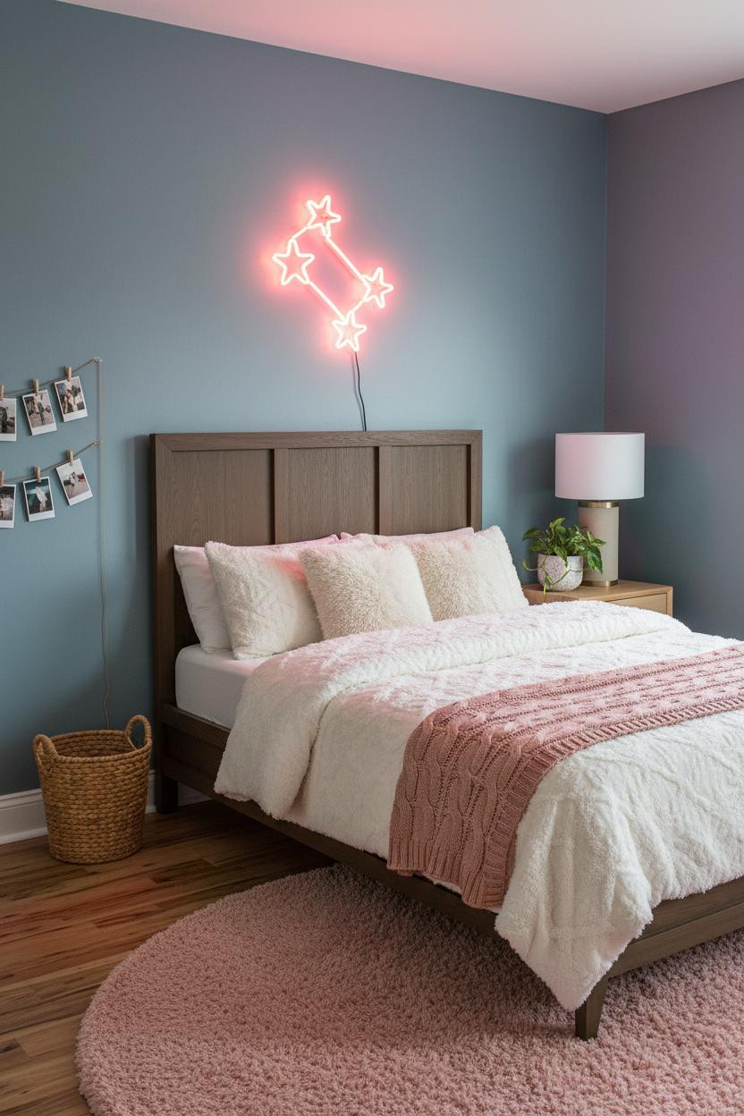 Bright, airy teen girl bedroom with neutral bedding, wooden bedside table with lamp, layered textiles, open shelving with natural materials, soft natural light from window, clean minimalist aesthetic.