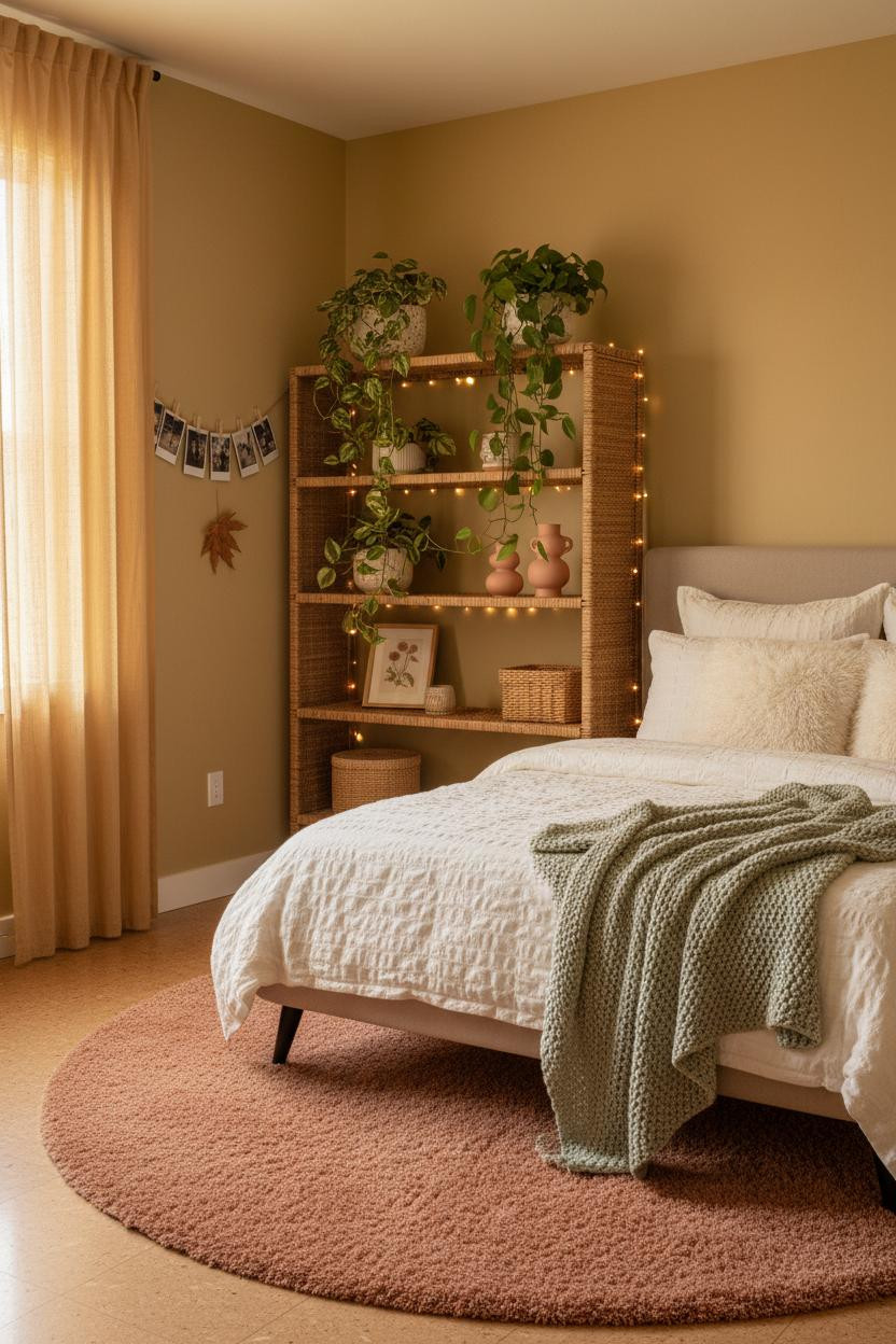 Overhead view of teen girl bedroom with neutral bedding, wooden bedside table with lamp, layered textiles, open shelving with natural materials, soft natural lighting, and clean minimalist design aesthetic.