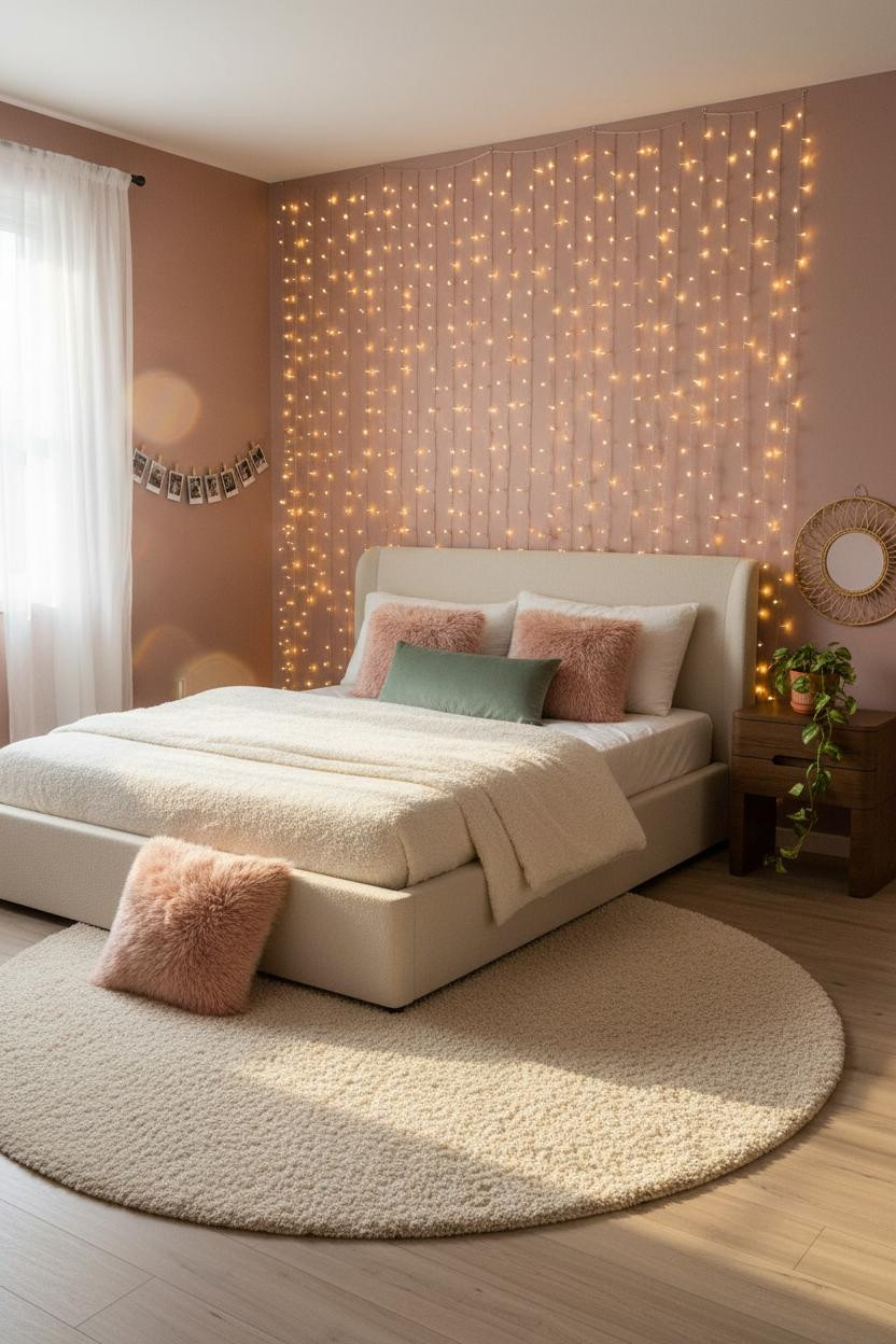Overhead view of a teen girl bedroom with a platform bed, wooden nightstand, layered neutral textiles, open shelving, and soft natural lighting throughout the space.