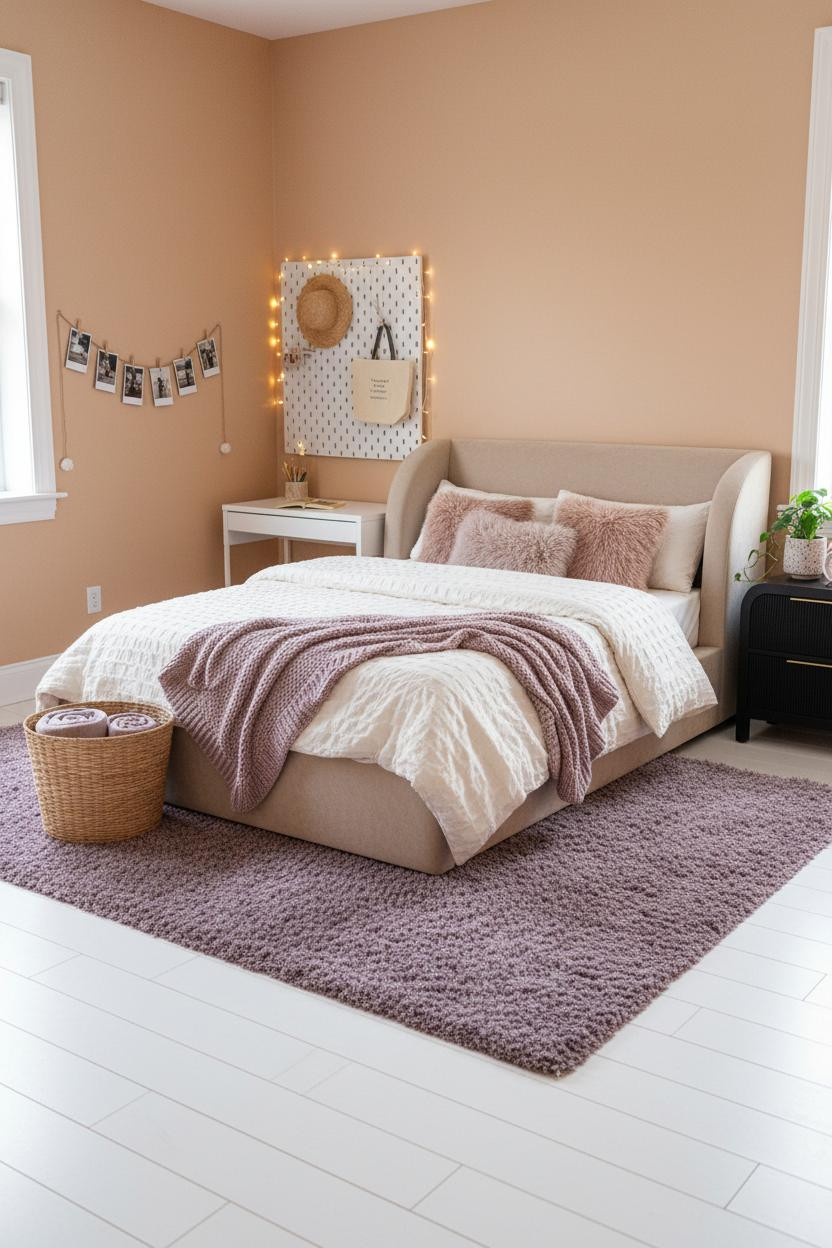 Overhead view of teen girl bedroom with neutral color palette, cozy layered textiles, wooden nightstand, clean architectural lines, natural light, and open shelving displaying curated decor and natural materials.
