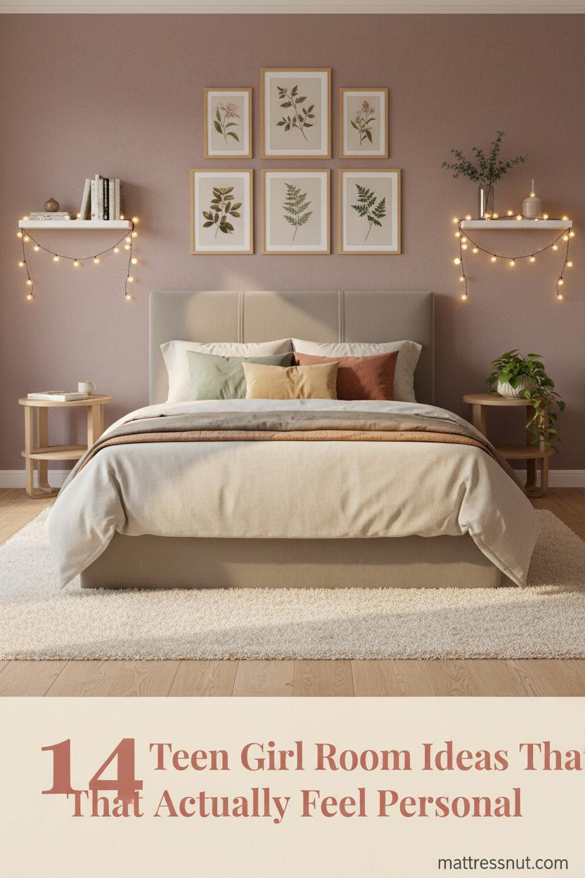 Teen girl bedroom with dusty mauve walls, cream shag rug, oak floors, botanical prints, fairy lights, and layered colorful pillows on cotton bedding