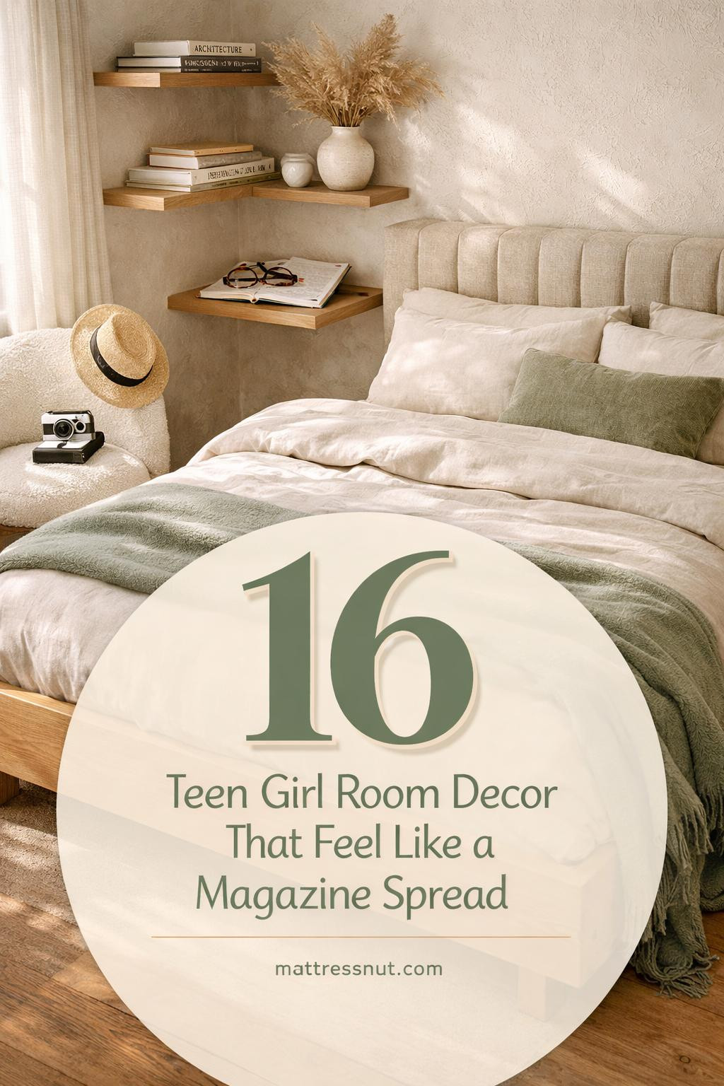 Stylish teen bedroom featuring blush pink walls, white furniture, gold accents, cozy textiles, and trendy wall art