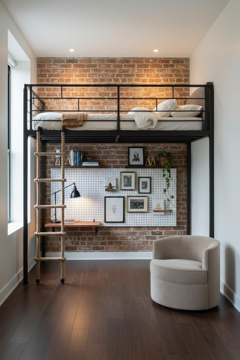 Teen Loft Bedroom Exposed Brick Steel Frame