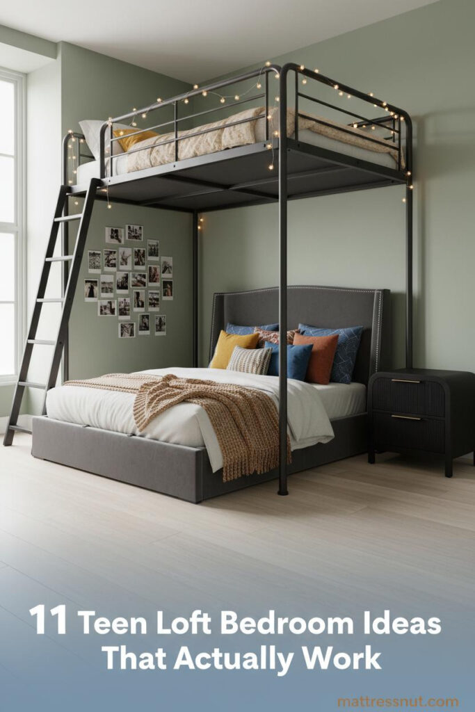 Compact teen loft bedroom with matte black steel frame, sage green walls, fairy lights, layered pillows, and polaroid wall collage
