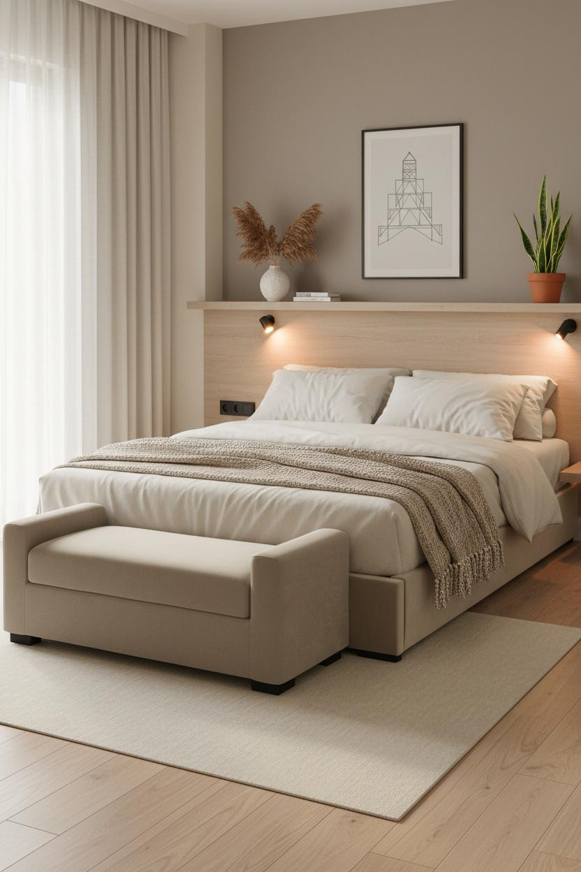 Bright, airy tiny bedroom for couples featuring a low platform bed with neutral bedding, wooden nightstands, and a cushioned bench at the foot. Soft natural light, cream walls, minimal decor.