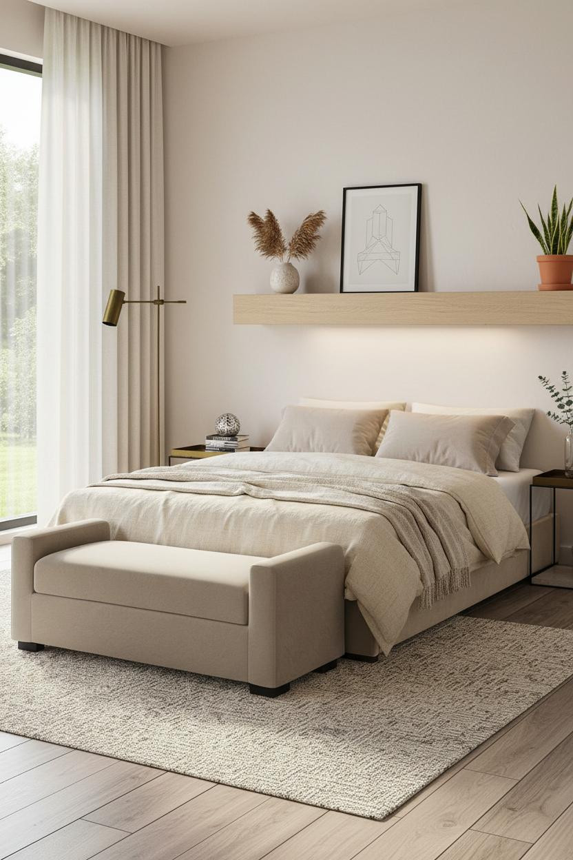 Bright, airy tiny bedroom for couples featuring a low-profile platform bed, cushioned bench at foot, warm wood tones, soft neutral bedding, and clean white walls with natural window light.