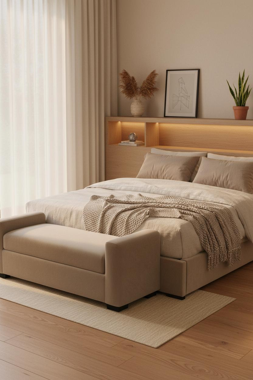 Bright, airy tiny bedroom for couples featuring a low-profile platform bed, cushioned bench at foot, warm wood flooring, neutral bedding, soft window light, and minimal decor for maximum space.