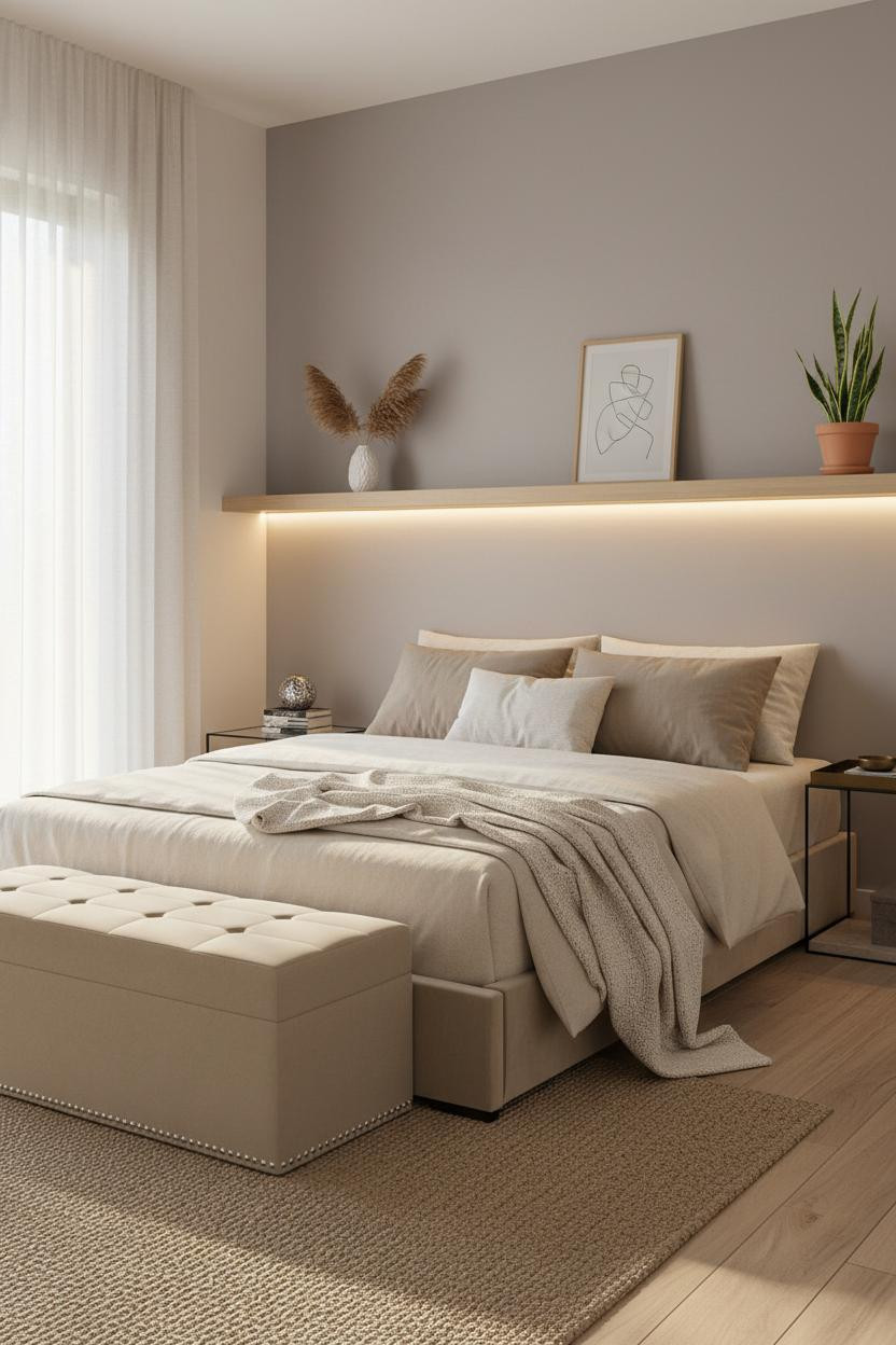 Bright, airy tiny bedroom for couples with platform bed, storage bench, neutral bedding, soft natural light from window, minimal decor, warm wood tones, clean white walls.