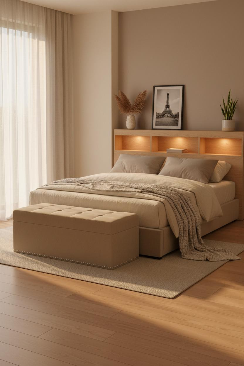 Bright, airy tiny bedroom for couples featuring a low-profile platform bed, wooden storage bench at foot, neutral bedding, soft natural light from window, minimal decor, warm wood tones, clean lines, compact layout.