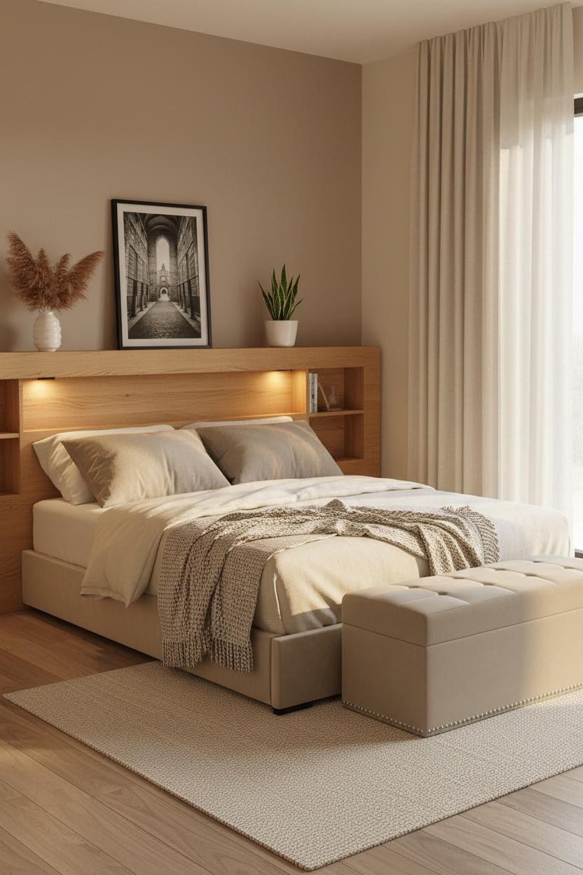 Bright, airy tiny bedroom for couples featuring a low-profile platform bed, wooden storage bench at foot, neutral bedding, soft natural light from window, minimal decor, warm wood tones, cream walls, compact but cozy layout.