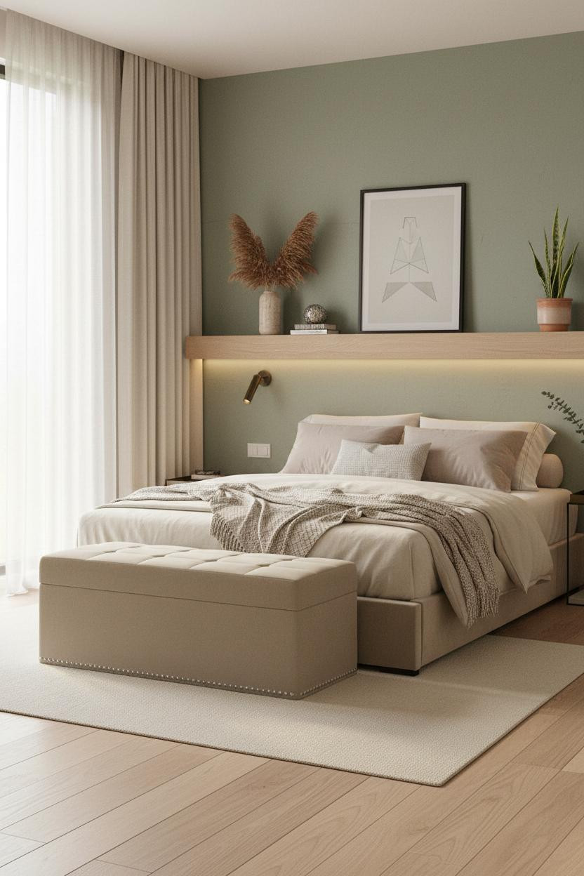 Bright, airy tiny bedroom with platform bed, storage bench, neutral bedding, soft natural light from window, minimal decor, warm wood tones, clean lines, compact layout for two adults.