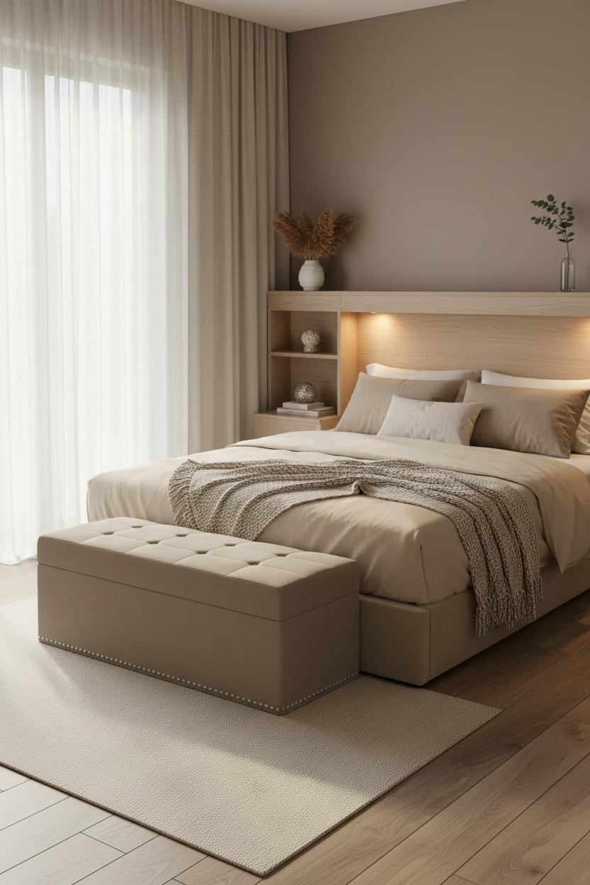 Bright, airy tiny bedroom with platform bed, storage bench at foot, neutral bedding, soft natural light from window, minimal decor, warm wood tones, clean lines, compact layout for two.